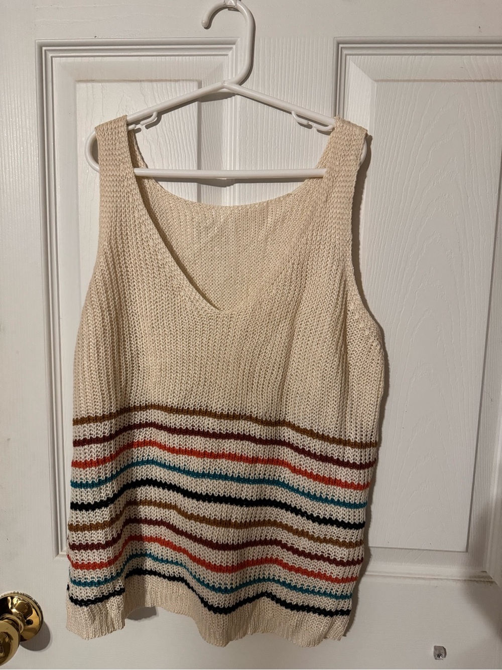 Women’s Cream Knit V-Neck Sleeveless Sweater with Multicolor Stripes - medium